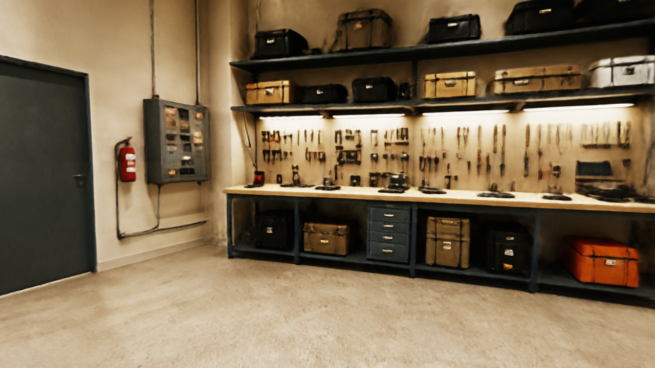 The actual generated Field Station tool wall rendered through an Isaac Sim camera